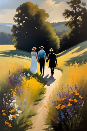 Design an oil painting with stark contrasts of light and shadow to reveal the simple beauty of wild flowers, and the couple's journey to reflect the tranquility and nobility of the natural world. The couple's form depicts precise, nuanced representation, and their journey evokes humility and reverence for the realist tradition.