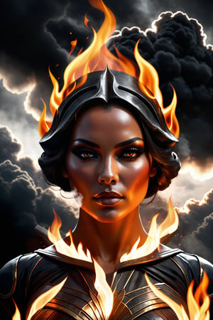 A burning woman's head with dark clouds around it, surrounded by flames, with a background of a black sky and smoke. It features high contrast between light and shadow, creating an epic atmosphere. The use of movie lighting creates a strong visual impact. In the style of realistic rendering, with detailed character design in dark orange and gray tones, and a symmetrical composition creating a symphonic mood.