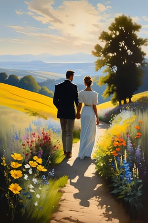 Design an oil painting with stark contrasts of light and shadow to reveal the simple beauty of wild flowers, and the couple's journey to reflect the tranquility and nobility of the natural world. The couple's form depicts precise, nuanced representation, and their journey evokes humility and reverence for the realist tradition.