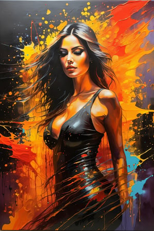 A dark fantasy portrait, dominated by warm hues of orange, yellow, and red. The artwork features splatters and blends of these vibrant colors, creating a sense of movement and energy. The entire canvas appears wet, with the colors merging and blending in various areas, forming a dynamic and fluid appearance. The overall atmosphere of the painting is mysterious and evocative, drawing the viewer into its hauntingly beautiful world., dark fantasy

 Irresistibly sexy beauty. ,cameltoe , Cinematic Portrait Scene, Pantshot, Cinematic Realism, Best Quality, Masterpiece, 8K,skirt lift
 ,perfect breasts,big breasts,,,More Reasonable Details,