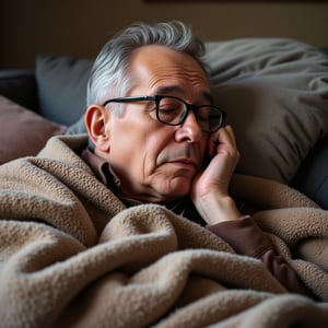 An older man was dozing on the sofa with a blanket covering him. His head rested on his hands, his mouth opened, and saliva flowed from the corners of his mouth. Wearing glasses and gray hair, he looked natural and relaxed. Warm and soft colors