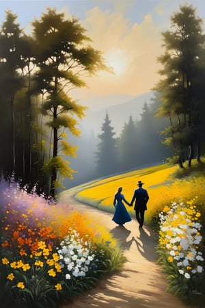 Design an oil painting with stark contrasts of light and shadow to reveal the simple beauty of wild flowers, and the couple's journey to reflect the tranquility and nobility of the natural world. The couple's form depicts precise, nuanced representation, and their journey evokes humility and reverence for the realist tradition.