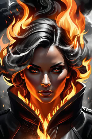 A burning woman's head with dark clouds around it, surrounded by flames, with a background of a black sky and smoke. It features high contrast between light and shadow, creating an epic atmosphere. The use of movie lighting creates a strong visual impact. In the style of realistic rendering, with detailed character design in dark orange and gray tones, and a symmetrical composition creating a symphonic mood.