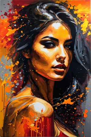 A dark fantasy portrait, dominated by warm hues of orange, yellow, and red. The artwork features splatters and blends of these vibrant colors, creating a sense of movement and energy. The entire canvas appears wet, with the colors merging and blending in various areas, forming a dynamic and fluid appearance. The overall atmosphere of the painting is mysterious and evocative, drawing the viewer into its hauntingly beautiful world., dark fantasy

 Irresistibly sexy beauty. ,cameltoe , Cinematic Portrait Scene, Pantshot, Cinematic Realism, Best Quality, Masterpiece, 8K,skirt lift
 ,perfect breasts,big breasts,,,More Reasonable Details,