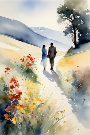 Design a Stark watercolor painting with contrasting light and shadow, revealing the simple beauty of wild flowers, and the couple's journey reflecting the tranquility and nobility of the natural world. The couple's form depicts precise, nuanced representation, and their journey evokes humility and reverence for the realist tradition.