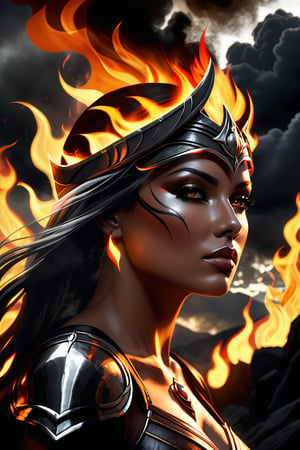 A burning woman's head with dark clouds around it, surrounded by flames, with a background of a black sky and smoke. It features high contrast between light and shadow, creating an epic atmosphere. The use of movie lighting creates a strong visual impact. In the style of realistic rendering, with detailed character design in dark orange and gray tones, and a symmetrical composition creating a symphonic mood.