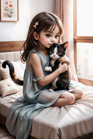 Transparent watercolor painting, minimalist art, the background is a room, a cute 5-year-old girl with big eyes is hugging a cat and kissing on the bed, warm atmosphere, high quality