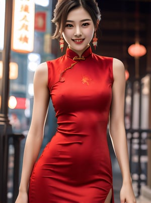 1girl,cityscape,((red long dress)),Fashion cheongsam,smile