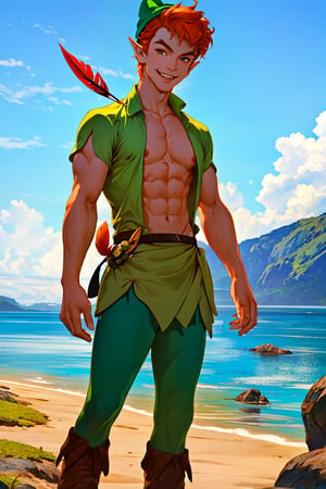 1boy, masterpiece, Beauty,peter pan, short hair, orange hair, green pants, shirtless, belt, brown footwear, hat feather, male focus, pointy ears, looking_at_viewer, open clothes,( male_nipples), smile, island, blue sky, 