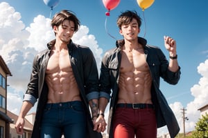 smile, short hair, brown hair, shirt, black hair, navel, holding, closed mouth, nipples, closed eyes, male focus, heart, outdoors, multiple boys, open clothes, sky, day, pants, cloud, 2boys, blue sky, coat, open shirt, muscular, abs, pectorals, yaoi, balloon, bare pectorals, red pants, heart balloon