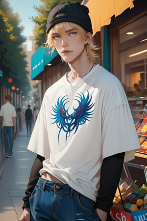 score_9, score_8_up, score_7_up, score_6_up, score_5_up, score_4_up, source_anime, rating_safe
    shopping,  looking at viewer, 1boy, blue eyes, white shirt, short sleeves, jude1, blonde, skater boy, black hat with a white stripe, print t-shirt, male focus, black long sleeves, short over long sleeves, baggy jeans