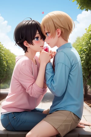 2boys, couple,yaoi, gay, san valentin, hearts, blush_sticker, blush, summer, love, loving, casual clothes, 