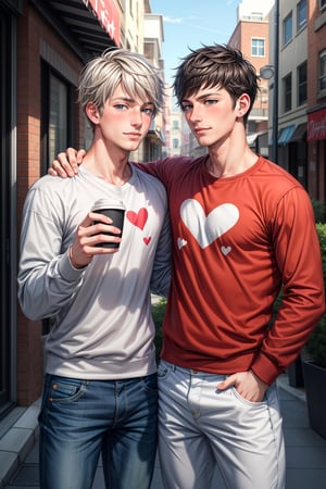 2boys, couple,yaoi, gay, san valentin, hearts, blush_sticker, blush, summer, love, loving, casual clothes, coffee,best quality