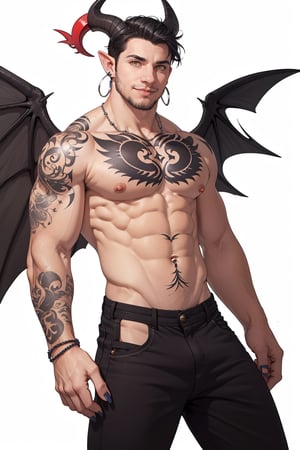 solo, looking at viewer, smile, simple background, black hair, 1boy, white background, navel, jewelry, nipples, yellow eyes, weapon, male focus, cowboy shot, wings, horns, pointy ears, pants, fingernails, tattoo, muscular, colored skin, black pants, piercing, abs, pectorals, muscular male, demon horns, gem, claws, colored sclera, long fingernails, demon wings, topless male, sharp fingernails, nipple piercing, demon boy