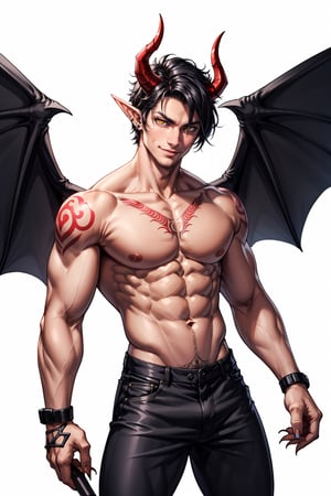 solo, looking at viewer, smile, simple background, black hair, 1boy, white background, navel, jewelry, nipples, yellow eyes, weapon, male focus, cowboy shot, wings, horns, pointy ears, pants, fingernails, tattoo, muscular, colored skin, black pants, piercing, abs, pectorals, muscular male, demon horns, gem, claws, colored sclera, long fingernails, demon wings, topless male, sharp fingernails, nipple piercing, demon boy