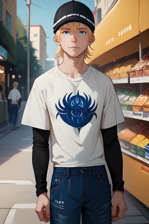 score_9, score_8_up, score_7_up, score_6_up, score_5_up, score_4_up, source_anime, rating_safe
    shopping,  looking at viewer, 1boy, blue eyes, white shirt, short sleeves, jude1, blonde, skater boy, black hat with a white stripe, print t-shirt, male focus, black long sleeves, short over long sleeves, baggy jeans