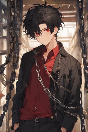 1boy, masterpiece, Beauty, looking_at_viewer, black hair, red eyes, dark clothes, chains , red shirt, black jaket, black pants,man,anepicboy, Memory T Cell