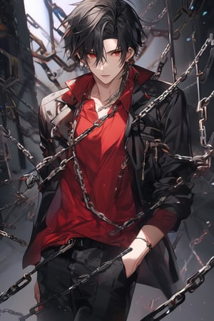 1boy, masterpiece, Beauty, looking_at_viewer, black hair, red eyes, dark clothes, chains , red shirt, black jaket, black pants,man