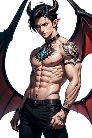 solo, looking at viewer, smile, simple background, black hair, 1boy, white background, navel, jewelry, nipples, yellow eyes, weapon, male focus, cowboy shot, wings, horns, pointy ears, pants, fingernails, tattoo, muscular, colored skin, black pants, piercing, abs, pectorals, muscular male, demon horns, gem, claws, colored sclera, long fingernails, demon wings, topless male, sharp fingernails, nipple piercing, demon boy