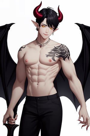 solo, looking at viewer, smile, simple background, black hair, 1boy, white background, navel, jewelry, nipples, yellow eyes, weapon, male focus, cowboy shot, wings, horns, pointy ears, pants, fingernails, tattoo, muscular, colored skin, black pants, piercing, abs, pectorals, muscular male, demon horns, gem, claws, colored sclera, long fingernails, demon wings, topless male, sharp fingernails, nipple piercing, demon boy,1boy