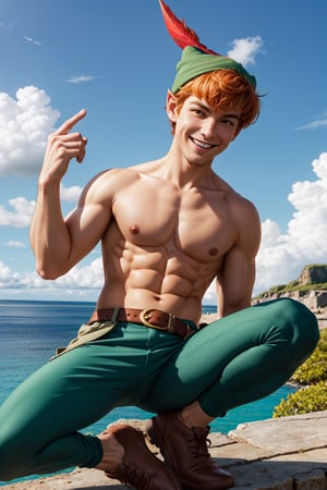 1boy, masterpiece, Beauty,peter pan, short hair, orange hair, green pants, shirtless, belt, brown footwear, hat feather, male focus, pointy ears, looking_at_viewer, open clothes,( male_nipples), smile, island, blue sky, 