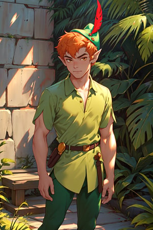 1boy, masterpiece, Beauty,peter pan, short hair, orange hair, green pants, green collared shirt, short sleeves, belt, brown footwear, hat feather, male focus, pointy ears, looking_at_viewer