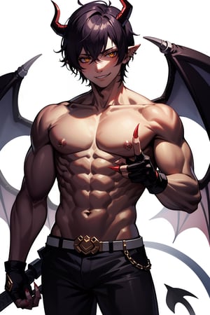 solo, looking at viewer, smile, simple background, black hair, 1boy, white background, navel, jewelry, nipples, yellow eyes, weapon, male focus, cowboy shot, wings, horns, pointy ears, pants, fingernails, tattoo, muscular, colored skin, black pants, piercing, abs, pectorals, muscular male, demon horns, gem, claws, colored sclera, long fingernails, demon wings, topless male, sharp fingernails, nipple piercing, demon boy,1boy