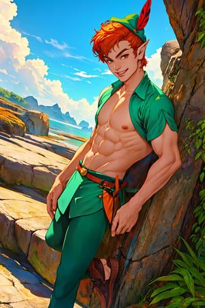 1boy, masterpiece, Beauty,peter pan, short hair, orange hair, green pants, shirtless, belt, brown footwear, hat feather, male focus, pointy ears, looking_at_viewer, open clothes,( male_nipples), smile, island, blue sky, ,HalloweenGlowStyle,More Detail