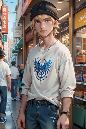 score_9, score_8_up, score_7_up, score_6_up, score_5_up, score_4_up, source_anime, rating_safe
    shopping,  looking at viewer, 1boy, blue eyes, white shirt, short sleeves, jude1, blonde, skater boy, black hat with a white stripe, print t-shirt, male focus, black long sleeves, short over long sleeves, baggy jeans