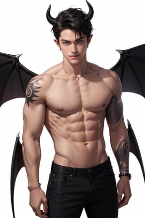 solo, looking at viewer, smile, simple background, black hair, 1boy, white background, navel, jewelry, nipples, yellow eyes, weapon, male focus, cowboy shot, wings, horns, pointy ears, pants, fingernails, tattoo, muscular, colored skin, black pants, piercing, abs, pectorals, muscular male, demon horns, gem, claws, colored sclera, long fingernails, demon wings, topless male, sharp fingernails, nipple piercing, demon boy,1boy