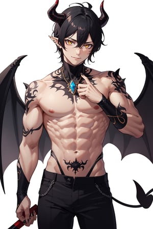 solo, looking at viewer, smile, simple background, black hair, 1boy, white background, navel, jewelry, nipples, yellow eyes, weapon, male focus, cowboy shot, wings, horns, pointy ears, pants, fingernails, tattoo, muscular, colored skin, black pants, piercing, abs, pectorals, muscular male, demon horns, gem, claws, colored sclera, long fingernails, demon wings, topless male, sharp fingernails, nipple piercing, demon boy,1boy