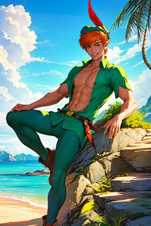 1boy, masterpiece, Beauty,peter pan, short hair, orange hair, green pants, shirtless, belt, brown footwear, hat feather, male focus, pointy ears, looking_at_viewer, open clothes,( male_nipples), smile, island, blue sky, 