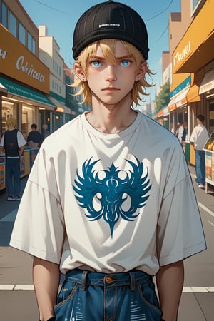 score_9, score_8_up, score_7_up, score_6_up, score_5_up, score_4_up, source_anime, rating_safe
    shopping,  looking at viewer, 1boy, blue eyes, white shirt, short sleeves, jude1, blonde, skater boy, black hat with a white stripe, print t-shirt, male focus, black long sleeves, short over long sleeves, baggy jeans