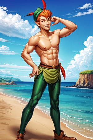 1boy, masterpiece, Beauty,peter pan, short hair, orange hair, green pants, shirtless, belt, brown footwear, hat feather, male focus, pointy ears, looking_at_viewer, open clothes,( male_nipples), smile, island, blue sky, 