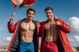 smile, short hair, brown hair, shirt, black hair, navel, holding, closed mouth, nipples, male focus, heart, outdoors, multiple boys, open clothes, sky, day, pants, cloud, 2boys, blue sky, coat, open shirt, muscular, abs, pectorals, yaoi, balloon, bare pectorals, red pants, heart balloon, looking_at_viewer