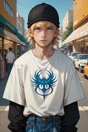 score_9, score_8_up, score_7_up, score_6_up, score_5_up, score_4_up, source_anime, rating_safe
    shopping,  looking at viewer, 1boy, blue eyes, white shirt, short sleeves, jude1, blonde, skater boy, black hat with a white stripe, print t-shirt, male focus, black long sleeves, short over long sleeves, baggy jeans