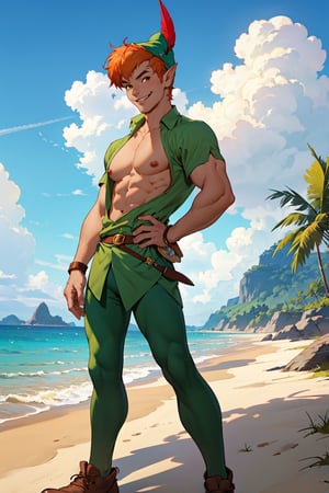 1boy, masterpiece, Beauty,peter pan, short hair, orange hair, green pants, shirtless, belt, brown footwear, hat feather, male focus, pointy ears, looking_at_viewer, open clothes,( male_nipples), smile, island, blue sky, 