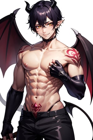 solo, looking at viewer, smile, simple background, black hair, 1boy, white background, navel, jewelry, nipples, yellow eyes, weapon, male focus, cowboy shot, wings, horns, pointy ears, pants, fingernails, tattoo, muscular, colored skin, black pants, piercing, abs, pectorals, muscular male, demon horns, gem, claws, colored sclera, long fingernails, demon wings, topless male, sharp fingernails, nipple piercing, demon boy,1boy