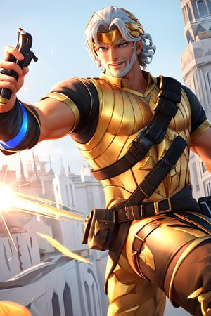 zeusfortnitev1, 1boy, white skin, white hair, white hair, mature male, green eyes, facial hair, bulge, , light smile, shotgun shell bandolier, golden armor,  dynamic pose, action pose, holding weapon,masterpiece