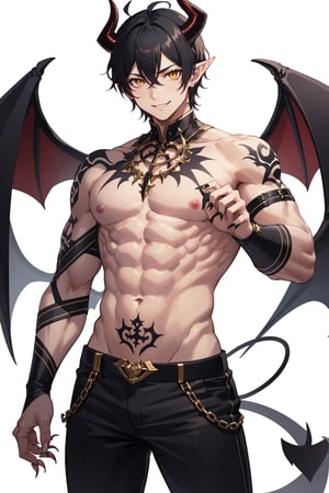 solo, looking at viewer, smile, simple background, black hair, 1boy, white background, navel, jewelry, nipples, yellow eyes, weapon, male focus, cowboy shot, wings, horns, pointy ears, pants, fingernails, tattoo, muscular, colored skin, black pants, piercing, abs, pectorals, muscular male, demon horns, gem, claws, colored sclera, long fingernails, demon wings, topless male, sharp fingernails, nipple piercing, demon boy,1boy