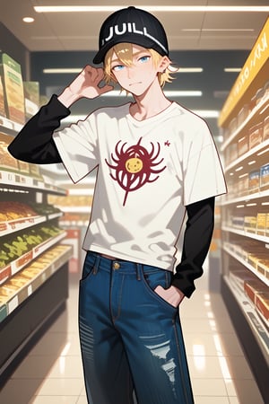 score_9, score_8_up, score_7_up, score_6_up, score_5_up, score_4_up, source_yaoi, rating_explicit
    shopping,  looking at viewer, 1boy, blue eyes, white shirt, short sleeves, jude1, blonde, skater boy, black hat with a white stripe, print t-shirt, male focus, black long sleeves, short over long sleeves, baggy jeans, dynamic pose