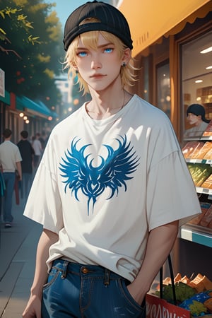 score_9, score_8_up, score_7_up, score_6_up, score_5_up, score_4_up, source_anime, rating_safe
    shopping,  looking at viewer, 1boy, blue eyes, white shirt, short sleeves, jude1, blonde, skater boy, black hat with a white stripe, print t-shirt, male focus, black long sleeves, short over long sleeves, baggy jeans