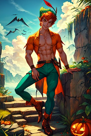 1boy, masterpiece, Beauty,peter pan, short hair, orange hair, green pants, shirtless, belt, brown footwear, hat feather, male focus, pointy ears, looking_at_viewer, open clothes,( male_nipples), smile, island, blue sky, ,HalloweenGlowStyle