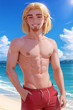 1boy, masterpiece, Beauty, shirtless looking_at_viewer, open clothes,( male_nipples), smile, island, blue sky,miguel_eldorado, hot_pants