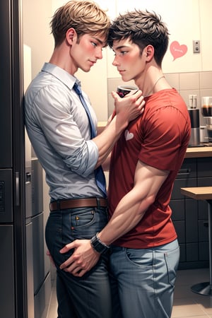 2boys, couple,yaoi, gay, san valentin, hearts, blush_sticker, blush, summer, love, loving, casual clothes, coffee,best quality