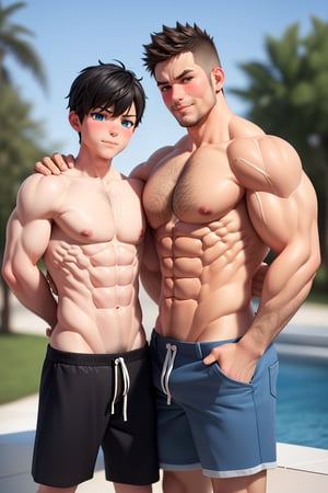 , male, (2boys:1.5), couple,yaoi, gay, san valentin, hearts, blush_sticker, blush, summer, love, loving, casual clothes,  (muscle, abs, bara:1.7),3D