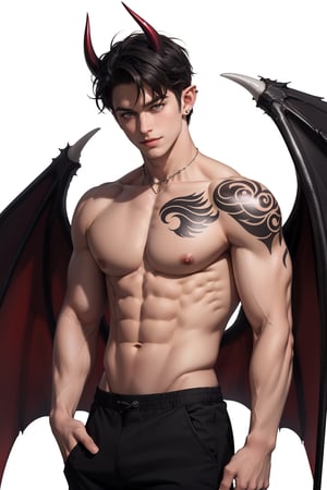 solo, looking at viewer, smile, simple background, black hair, 1boy, white background, navel, jewelry, nipples, yellow eyes, weapon, male focus, cowboy shot, wings, horns, pointy ears, pants, fingernails, tattoo, muscular, colored skin, black pants, piercing, abs, pectorals, muscular male, demon horns, gem, claws, colored sclera, long fingernails, demon wings, topless male, sharp fingernails, nipple piercing, demon boy,1boy