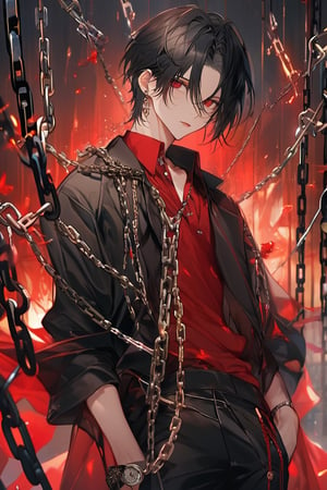 1boy, masterpiece, Beauty, looking_at_viewer, black hair, red eyes, dark clothes, chains , red shirt, black jaket, black pants,