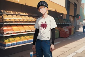 score_9, score_8_up, score_7_up, score_6_up, score_5_up, score_4_up, source_anime, rating_safe
    shopping,  looking at viewer, 1boy, blue eyes, white shirt, short sleeves, jude1, blonde, skater boy, black hat with a white stripe, print t-shirt, male focus, black long sleeves, short over long sleeves, baggy jeans