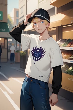 score_9, score_8_up, score_7_up, score_6_up, score_5_up, score_4_up, source_anime, rating_safe
    shopping,  looking at viewer, 1boy, blue eyes, white shirt, short sleeves, jude1, blonde, skater boy, black hat with a white stripe, print t-shirt, male focus, black long sleeves, short over long sleeves, baggy jeans, dynamic pose